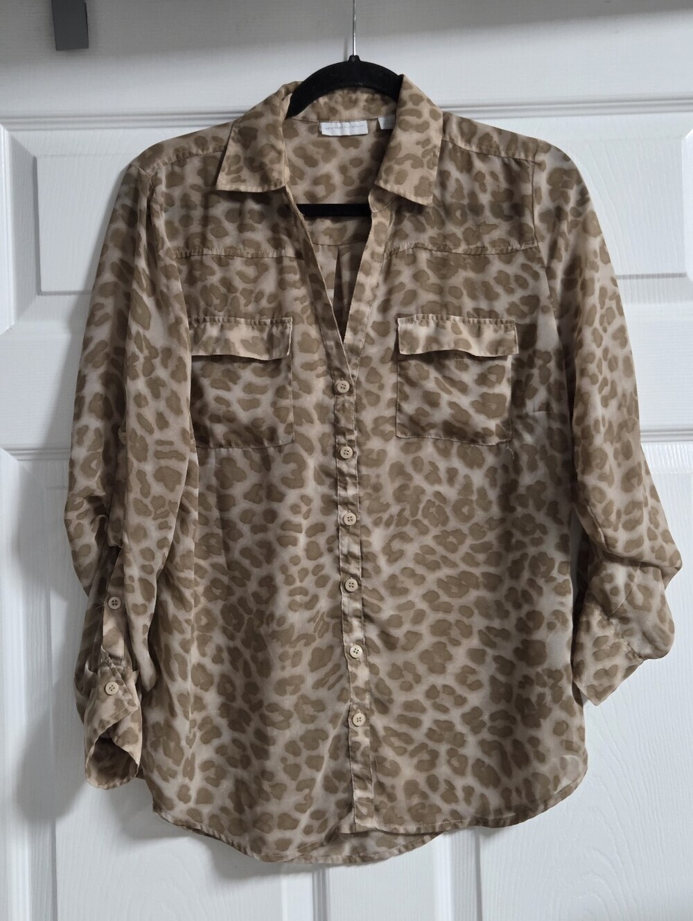 New York And Company Leopard Print Button-Up Blouse in Beige Size L